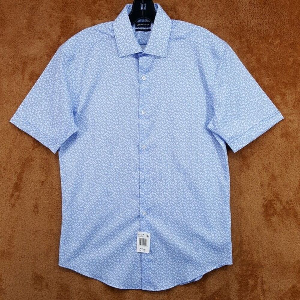VAN HEUSEN Button Shirt Mens Size 14 14.5 Blue Floral Short Sleeve Slim Stretch